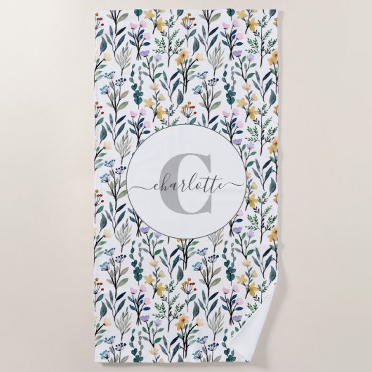 Boho Waterverf Wildbloemen Patroonmonogram Naam Strandlaken (Voorkant)