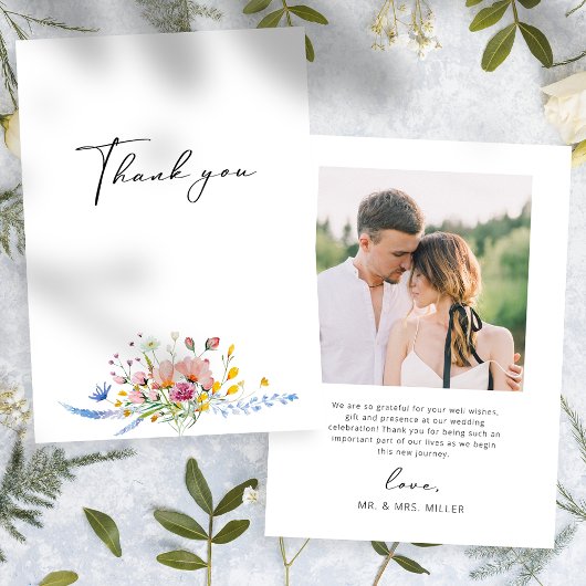 Boho Waterverf Wilde Bloem Calligrafie Bruiloft Bedankkaart