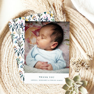 Boho Waterverf Wilde Bloem Eenvoudige Baby Foto Bedankkaart