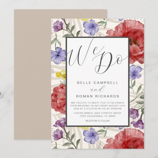 Boho Waterverf Wilde Bloemen Beige Bruiloft Kaart (Voorkant / Achterkant)