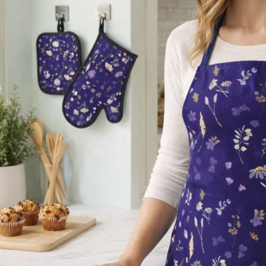 Boho Waterverf Wilde Bloemen Navy Ovenwant & Pannenlap Set