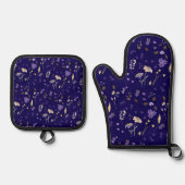 Boho Waterverf Wilde Bloemen Navy Ovenwant & Pannenlap Set (Voorkant)