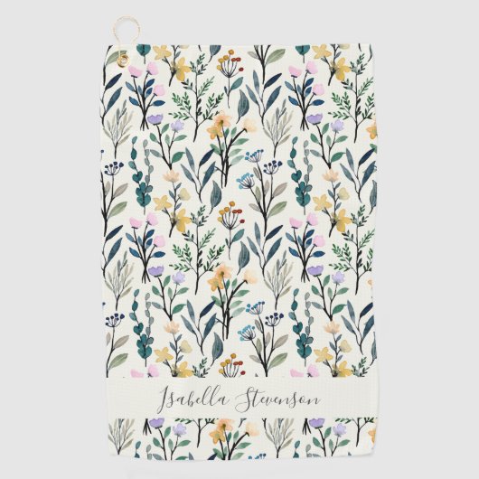 Boho-waterverf-wildebloem-verpersoonlijkte naam golfhanddoek (Voorkant)