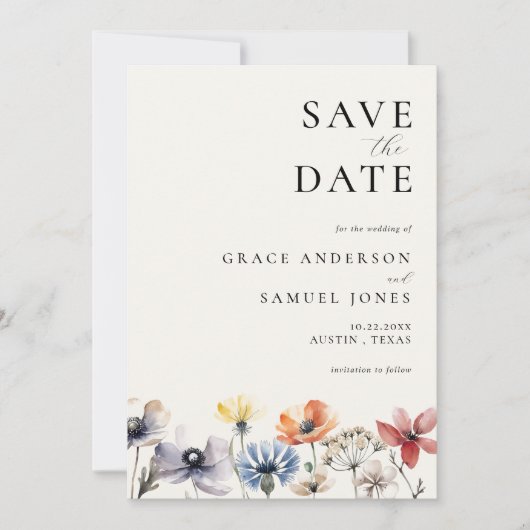 Boho Waterverf Wildflower Bloemen Bruiloft Save The Date (Voorkant)