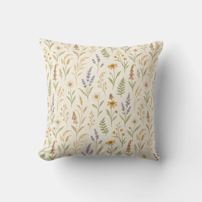 Boho Waterverf Wildflower Bloemen Kussen (Voorkant)