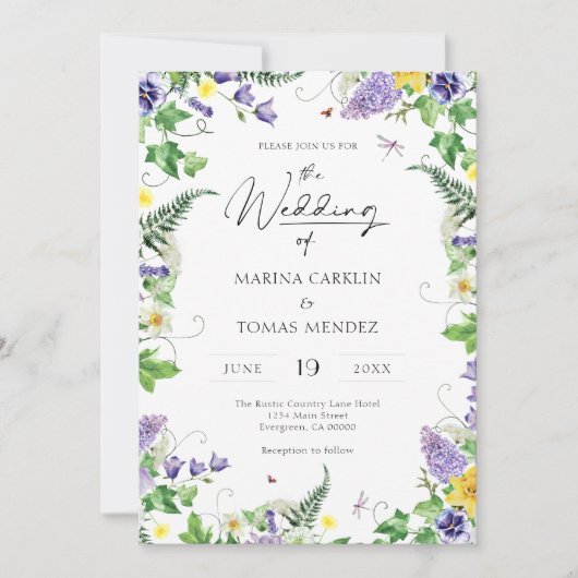 Boho Waterverf Wildflower bruiloft Kaart (Voorkant)