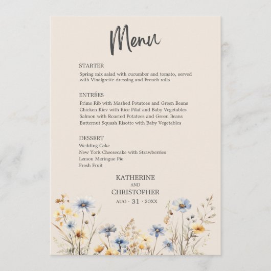 BOHO Waterverf Wildflower Elegant Beige Bruiloft Menu (Voorkant)