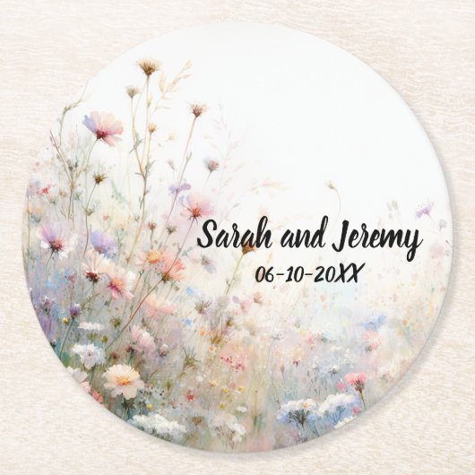 Boho Waterverf Wildflower Floral Personaliseren Ronde Kartonnen Onderzetter (Voorkant)