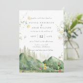 Boho Waterverf Wildflower Mountain Foto Bruiloft Kaart (Staand voorkant)