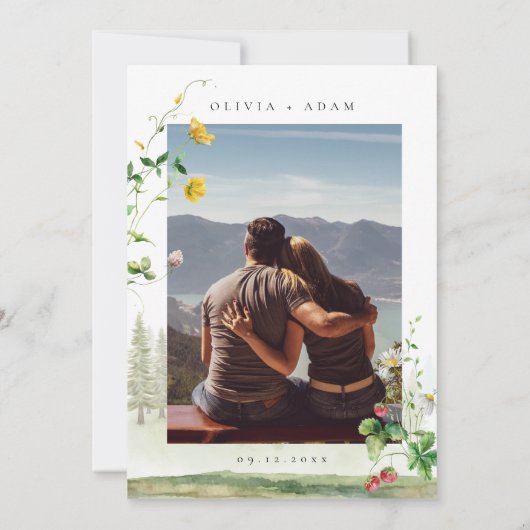 Boho Waterverf Wildflower Mountain Foto Bruiloft Kaart (Achterkant)