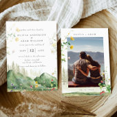 Boho Waterverf Wildflower Mountain Foto Bruiloft Kaart