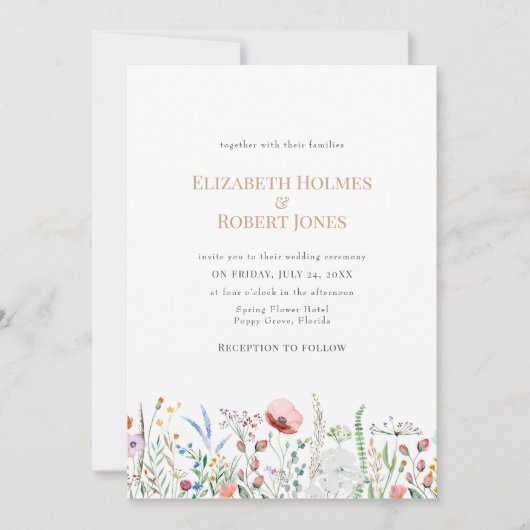 Boho Waterverf Wildflower Wedding Invitation Kaart (Voorkant)
