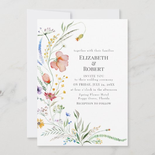 Boho Waterverf Wildflower Wedding Invitation Kaart (Voorkant)