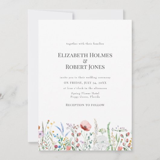 Boho Waterverf Wildflower Wedding Invitation Kaart (Voorkant)