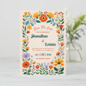 Boho Waterverf Wildflower Wedding Invitation Kaart (Staand voorkant)