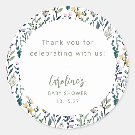 Boho Waterverf Wildflowers Baby shower Custom Ronde Sticker (Voorkant)