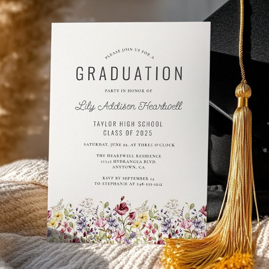 Boho Waterverf Wildflowers Ivoor Graduation Party Kaart