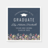 Boho Waterverf Wildflowers Navy Graduation Party Servet (Voorkant)