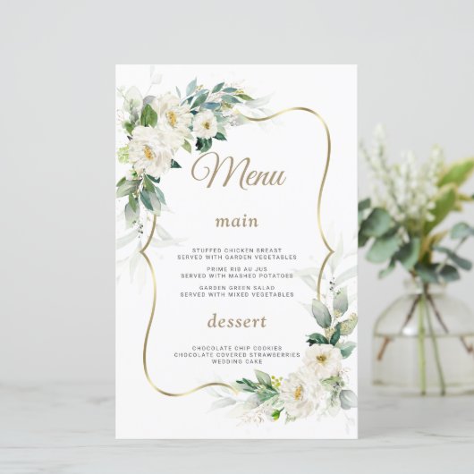 Boho Waterverf Witte Bloemen Gouden Trouwmenu (Staand voorkant)