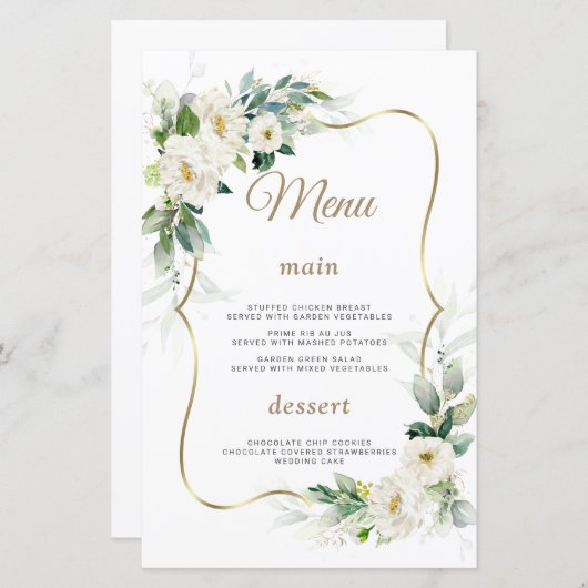 Boho Waterverf Witte Bloemen Gouden Trouwmenu (Voorkant / Achterkant)