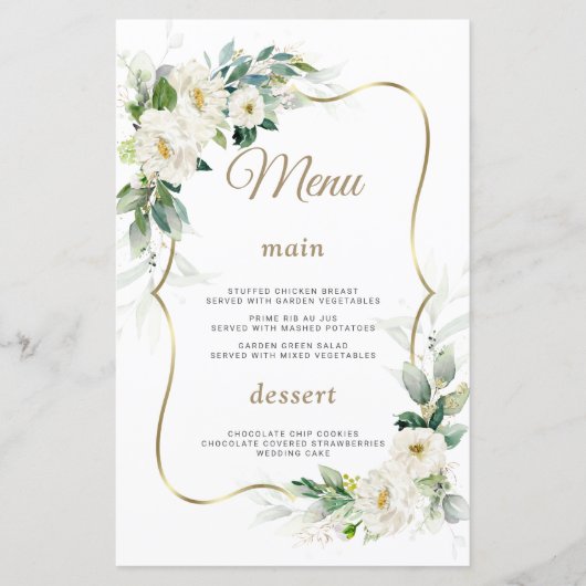 Boho Waterverf Witte Bloemen Gouden Trouwmenu (Voorkant)