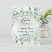 Boho waterverf witte rozen eucalyptus goud lijst kaart (Staand voorkant)