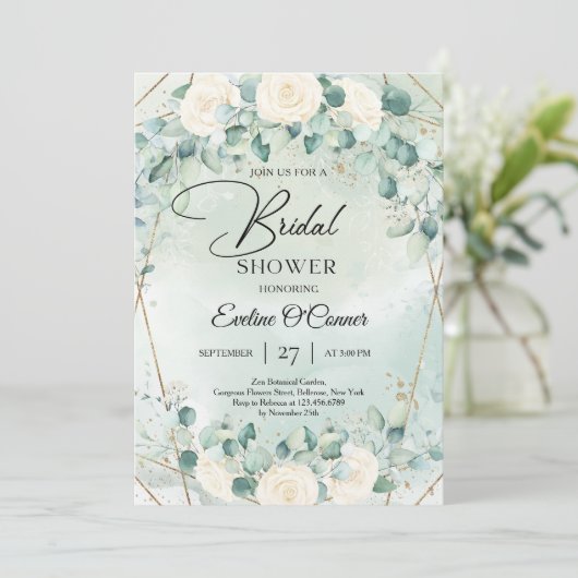 Boho waterverf witte rozen eucalyptus goud lijst kaart (Staand voorkant)