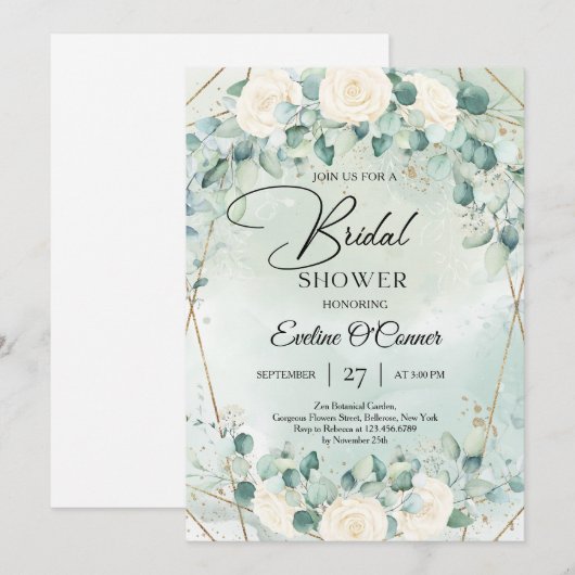 Boho waterverf witte rozen eucalyptus goud lijst kaart (Voorkant / Achterkant)