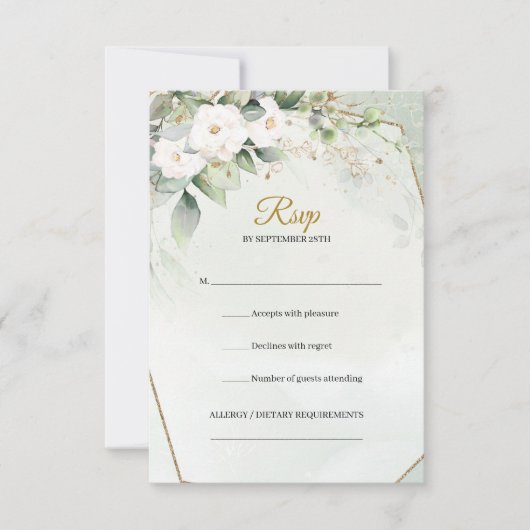 Boho waterverf witte rozen eucalyptus goud lijst RSVP kaartje (Voorkant)