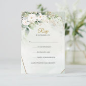 Boho waterverf witte rozen eucalyptus goud lijst RSVP kaartje (Staand voorkant)