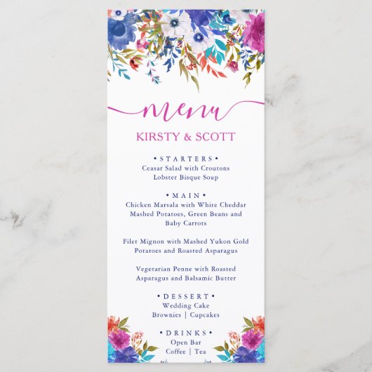 Boho Waterverf Zomer Bloemen Bruiloftsmenu Menu (Voorkant)
