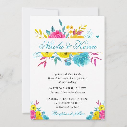 Boho Waterverf Zomer Bloemen Gouden Frame Bruiloft Kaart (Voorkant)
