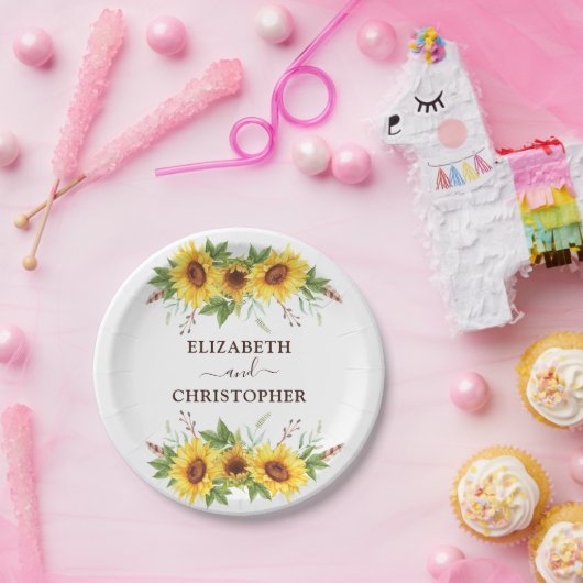 Boho Waterverf Zonnebloemen Bruiloft Papieren Bordje (Feest)