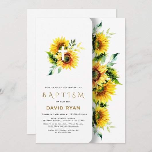 Boho Waterverf Zonnebloemen Kruis Jongens Doop Kaart (Voorkant / Achterkant)