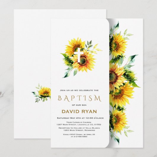 Boho Waterverf Zonnebloemen Kruis Jongens Doopfees Kaart (Voorkant / Achterkant)