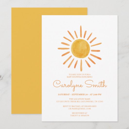 Boho Waterverf Zonneschijn Baby Shower Uitnodiging (Voorkant / Achterkant)