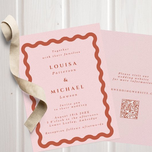 Boho Wavy Blush & Terracotta QR Code Weddenschap Kaart
