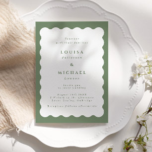 Boho Wavy Border Green & White Wedding Kaart