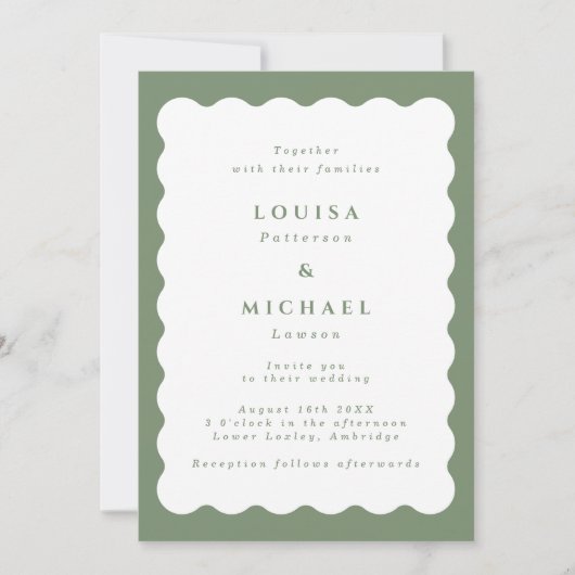 Boho Wavy Border Green & White Wedding Kaart (Voorkant)