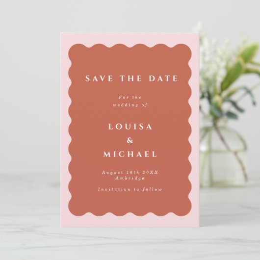 Boho Wavy Border Terracotta & Blush Wedding Save The Date (Staand voorkant)