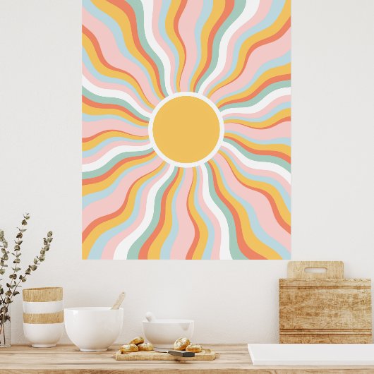 Boho Wavy Sun Rays Retro Design Poster (Keuken)