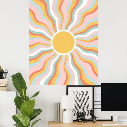 Boho Wavy Sun Rays Retro Design Poster (Thuiskantoor)