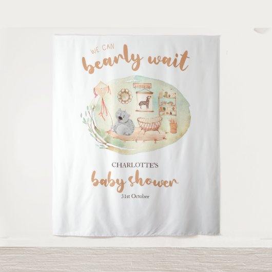 Boho We Can Bearly Wait Baby Shower Achtergronden Wandkleed (Voorkant)