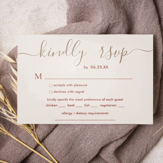 Boho Weddenschap met legant script en maaltijdkeuz RSVP Kaartje