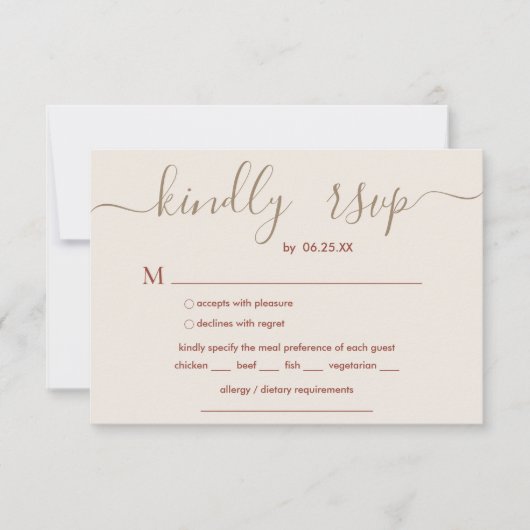 Boho Weddenschap met legant script en maaltijdkeuz RSVP Kaartje (Voorkant)