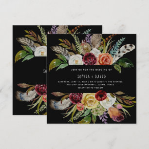 Boho Wedding Bourgondië en Oranje bloemen op zwart Kaart