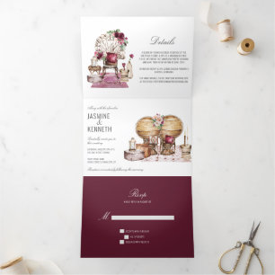Boho Wedding Burgundy Pink Floral Elements Drieluik Uitnodiging