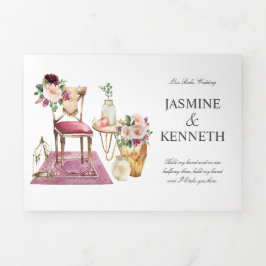 Boho Wedding Burgundy Pink Floral  Elements Drieluik Uitnodiging