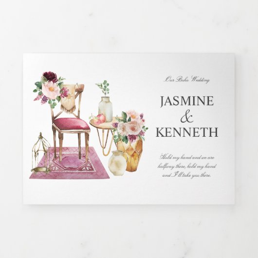 Boho Wedding Burgundy Pink Floral  Elements Drieluik Uitnodiging (Cover)