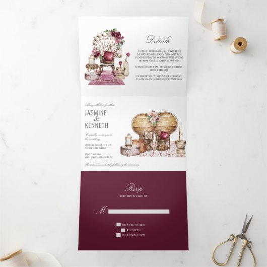 Boho Wedding Burgundy Pink Floral  Elements Drieluik Uitnodiging (Binnen)